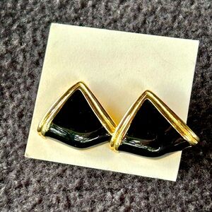 Triangle Shaped Black Enamel Pierced Earrings Gold Tone Vintage